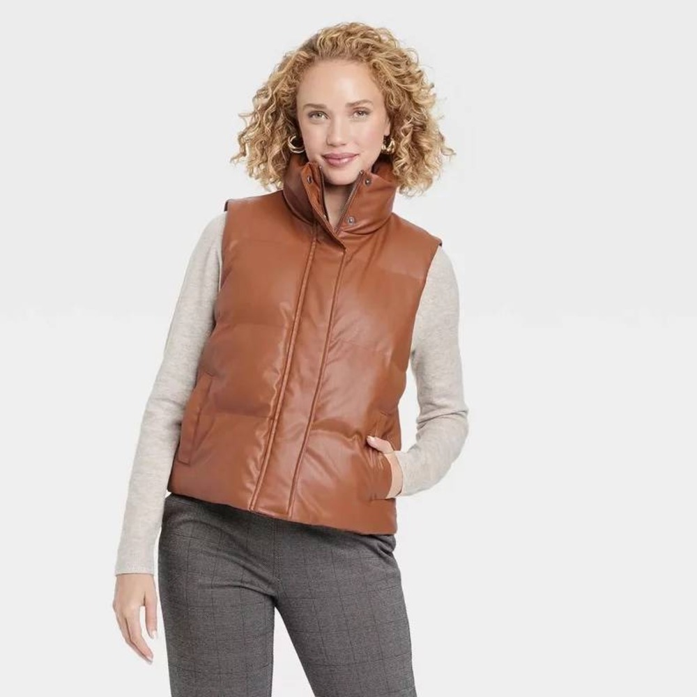 A New Day Womens Faux Leather Puffer Vest Cognac Brown XXL Funnel Neck Quilted